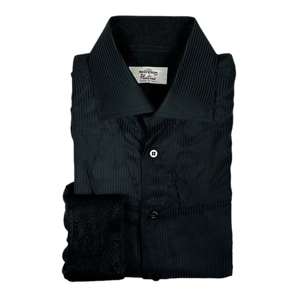 Gerlin for Platino Black Striped Silk Cotton Mens Handmade Button Front 16.5/42 - Picture 1 of 7